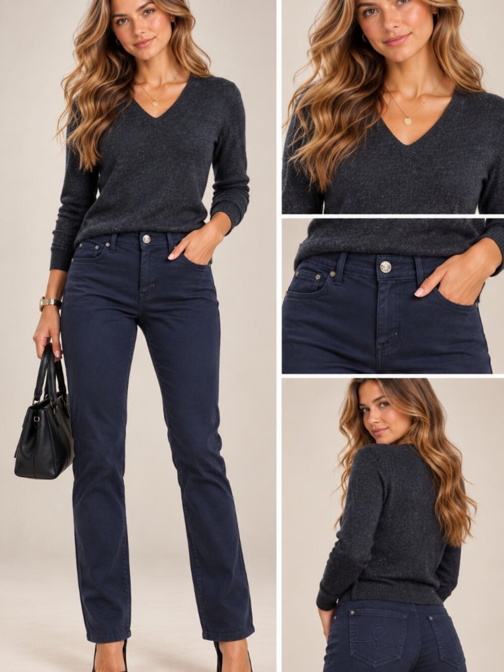 Les Copains Italy Dark Gray Wool Blend Fine Knit V-Neck Sweater Size IT 44 M
